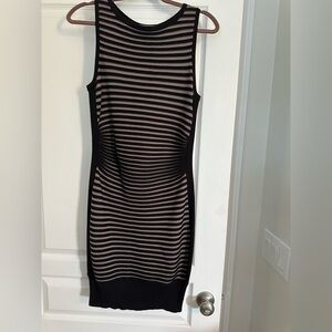 Carmen Marc Valvo Black/Cream Striped Bodicon Dress. Flattering!